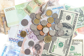 Several kind of bank notes and coin
