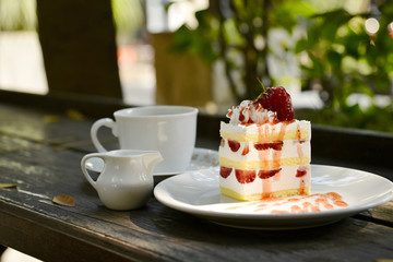 strawberry cake with coffee