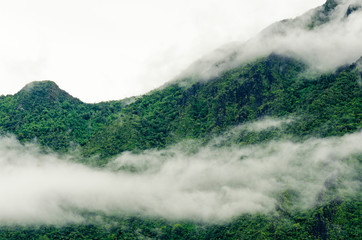 mountain and fog at sunrise