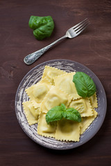 Italian ravioli with ricotta and spinach stuffing, above view