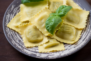 Close-up of italian ravioli with ricotta and spinach stuffing