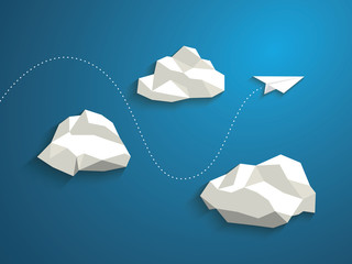 Paper plane flying between clouds. Modern polygonal shapes - obrazy, fototapety, plakaty