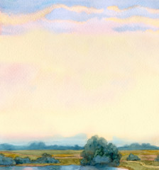 Naklejka premium Watercolor landscape background. Morning mist over the lake