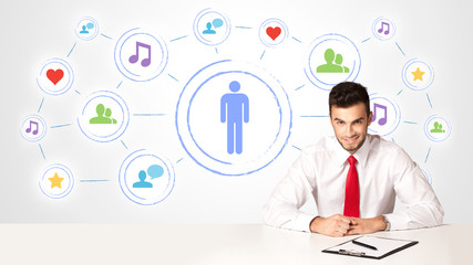 Business man with social media connection background