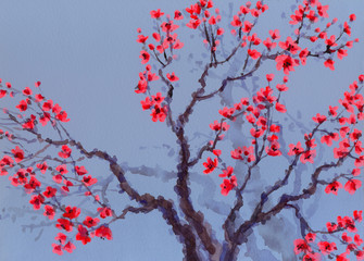 Watercolor background. Red flowers on the tree