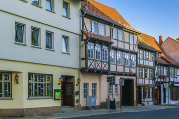 Fototapeta na wymiar the street with half-timbered houses in Quedlinburg, Germany