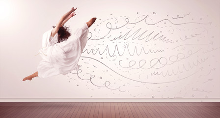 Pretty woman jumping with hand drawn lines and arrows come out