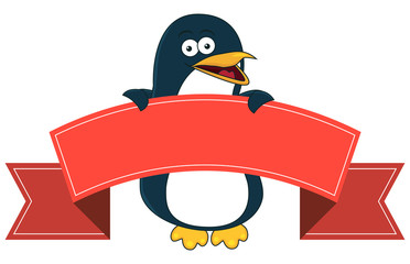Smiling penguin cartoon with blank banner for text.