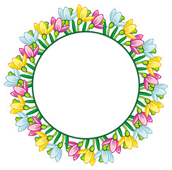 Round frame with multicolored snowdrops
