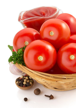 tomato and sauce on white background