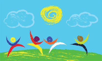 Fototapeta premium Funny dance under the summer sun. Abstract brush drawing - happy dancers in the meadow vector image