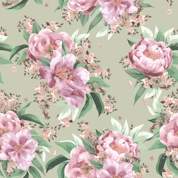 Seamless floral pattern with pink roses on light background
