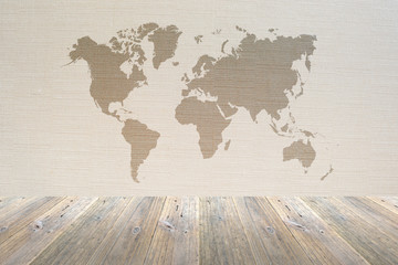 Fototapeta na wymiar Wood terrace and Wallpaper interior with world map