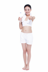 healthy asian woman with towel and water bottle