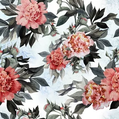 Photo sur Plexiglas Roses Motif floral sans couture avec des roses et des pivoines rouges et roses