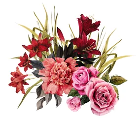 Glasschilderij Pioenrozen Boeket rozen, pioenrozen en leliesBoeket rozen, pioenrozen en