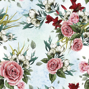 Seamless floral pattern with roses and lilies