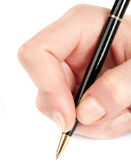 Ballpoint pen in female hand isolated on white