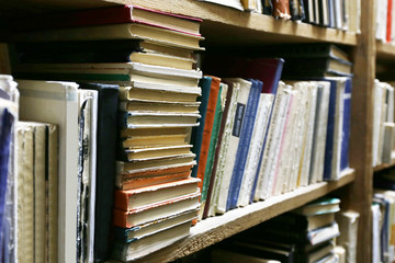 Many books on bookshelf in library