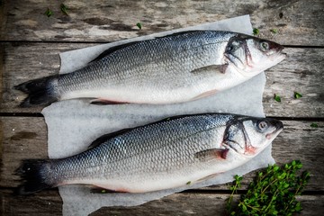 two raw fresh seabass with thyme