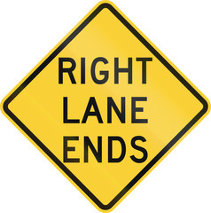US road warning sign: Right lane ends