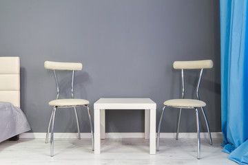 Interior of bedroom. Gray tone.