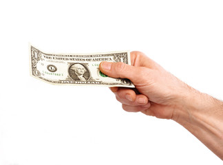 Mano sujetando un billete de dólar,concepto de consumo.