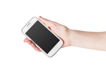 Woman showing white smartphone in hand. Isolated background