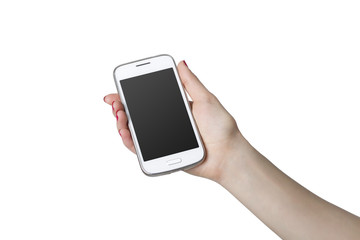 Woman showing white smartphone in hand. Isolated background