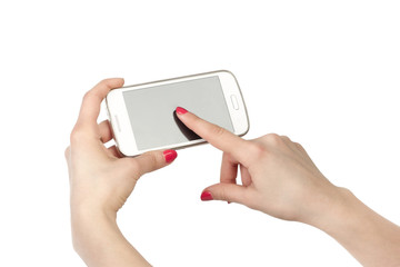 Phone in hand girl. On hand of the girl bright red manicure