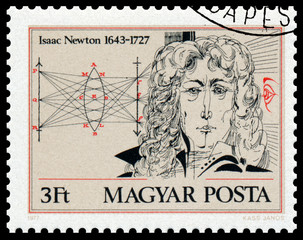 Stamp printed in Hungary shows portrait of Isaac Newton