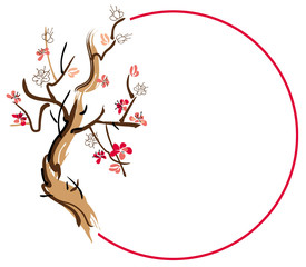 Round frame with ink-painted blooming plum-tree