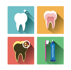 Modern flat tooth icons set with long shadow effect
