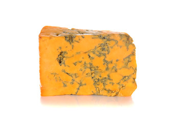 Wedge of Shropshire Blue cheese on a white background
