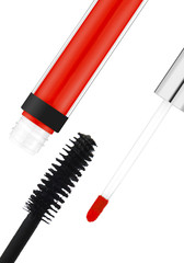 Black mascara and red lipgloss isolated on white