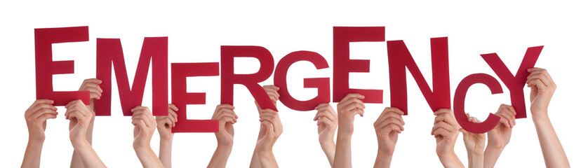 Many People Hands Holding Red Word Emergency