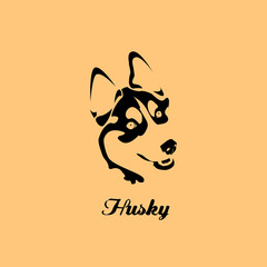 Vector siberian husky. Black silhouette card.