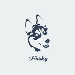 Vector siberian husky. Blue silhouette card.