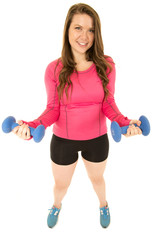 Brunette model wearing pink top lifting barbells standing