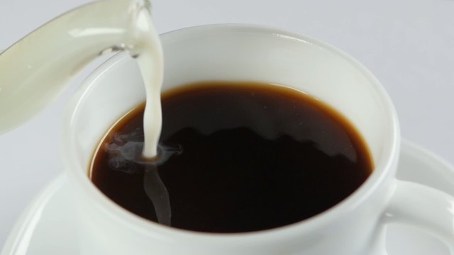 Pouring milk into cup with coffee on a white background, slow