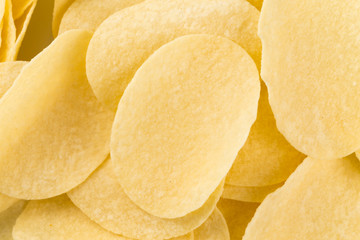 Prepared potato chips snack closeup view