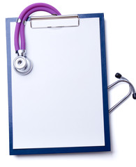 Closeup of stethoscope  a rx prescription isolated on white