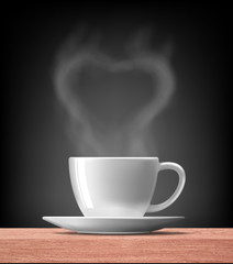 heart shape  with smoke over warm cup of coffee on wood table