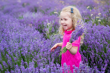 happy little girl is in a lavender field
