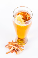 Glass of beer with toast isolated on a white background