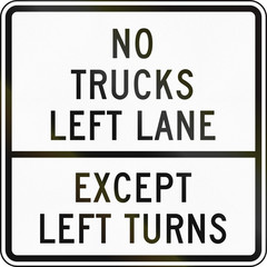 United States Delaware regulatory sign: No trucks left lane except left turns