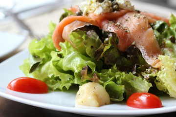 close up macro raw salmon salad