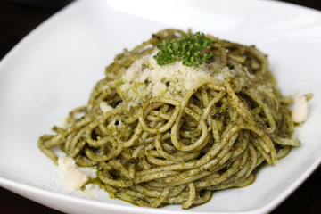 Fresh spaghetti with tomato sauce close up