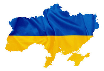 Ukraine - Waving national flag on map contour with silk texture