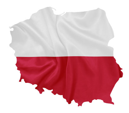 Fototapeta Poland - Waving national flag on map contour with silk texture